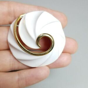 Vintage Torino White Enamel and Gold Tone Spiral Shell Shape Brooch, Lapel Pin